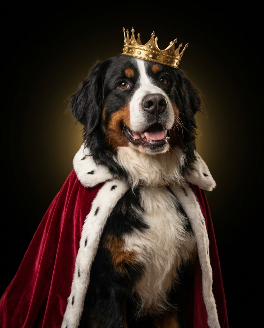 Atticus the Bernese Mountain Dog, the Royal Hound of King James's court, wearing a crown and royal cape